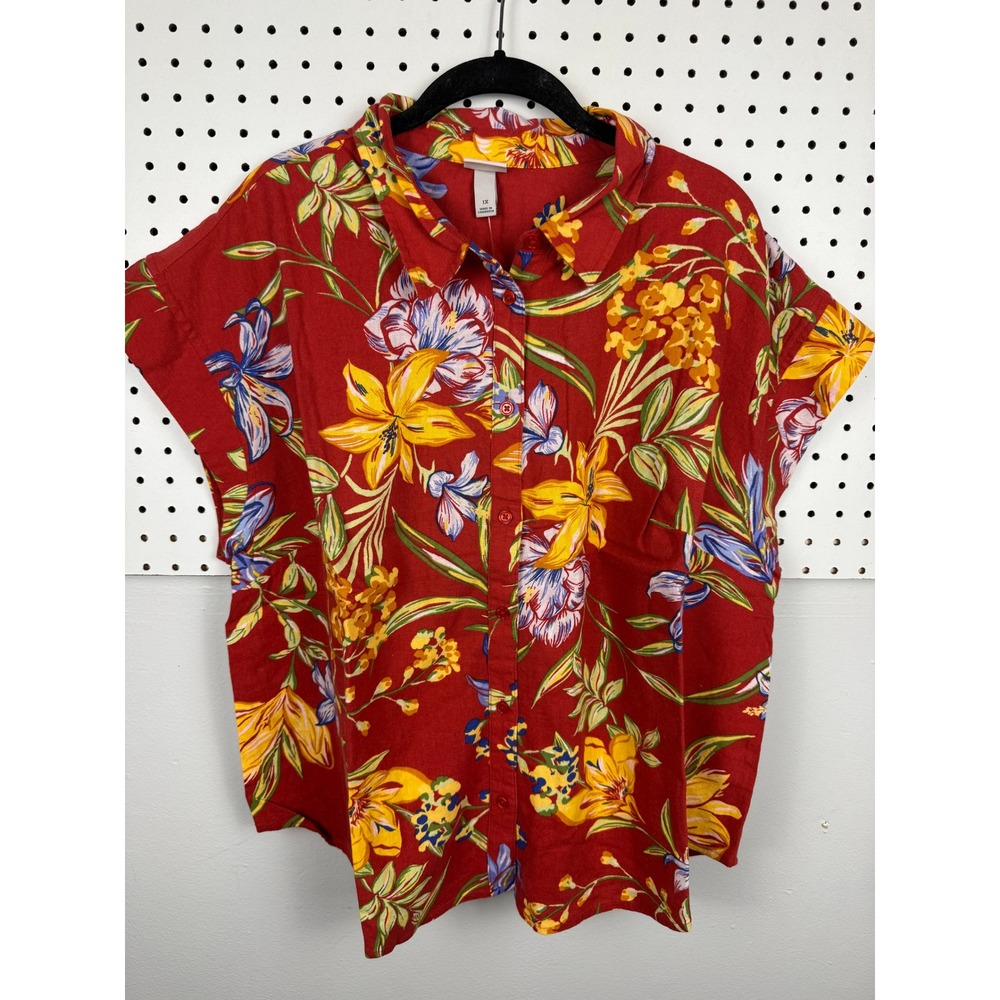 A New Day Red Floral Linen Blend Button Down Shirt Plus Size 1X Tropical Summer